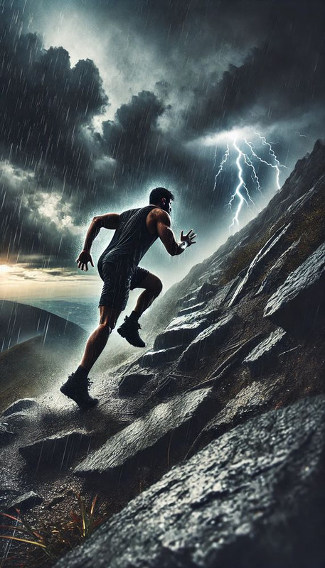 A determined athlete climbs a steep rocky mountain in the rain, facing a thunderstorm and lightning in the sky — symbolizing resilience, struggle, and the will to succeed against all odds.