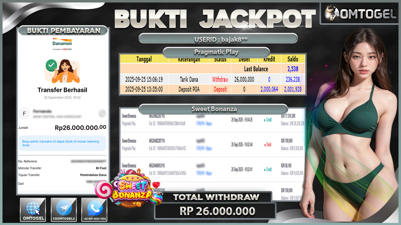 OMTOGEL JACKPOT PRAGMATIC PLAY SWEET BONANZA 26 JUTA DI BAYAR LUNAS ,-