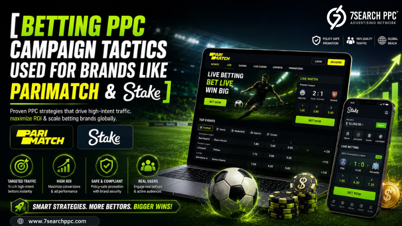 Professional betting PPC campaign strategy illustration featuring sportsbook advertising dashboards, PPC analytics, and branding inspired by Parimatch and Stake.