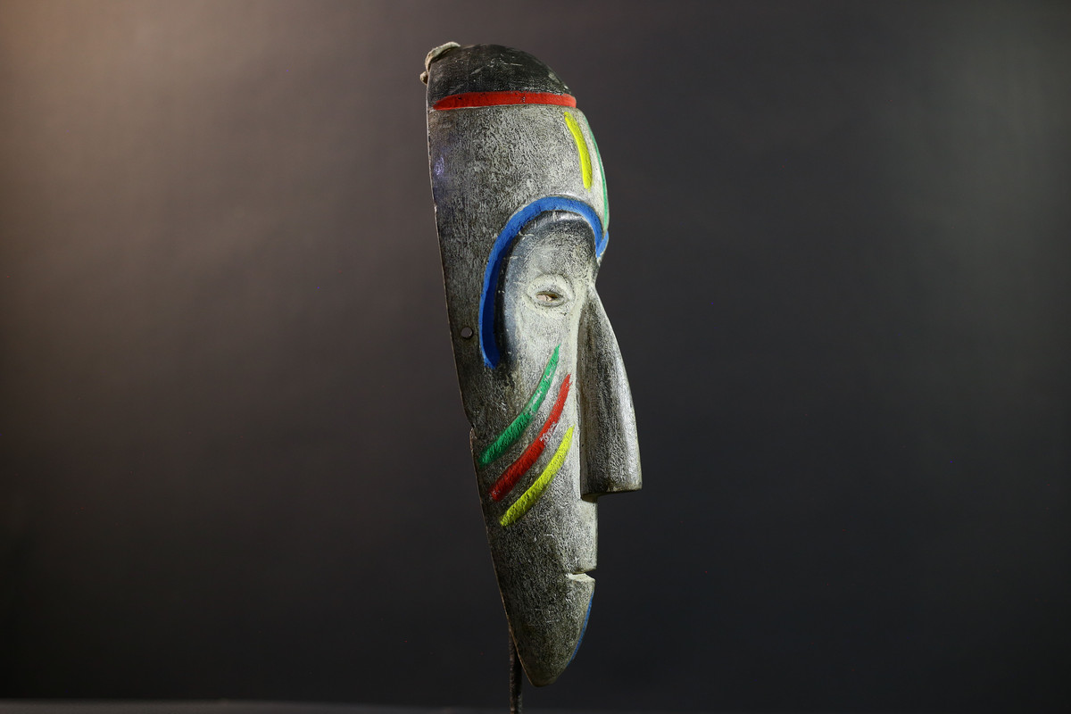 Africa Fang Ngil Mask Multicolor Stripes Hand Carved Wood Gabon