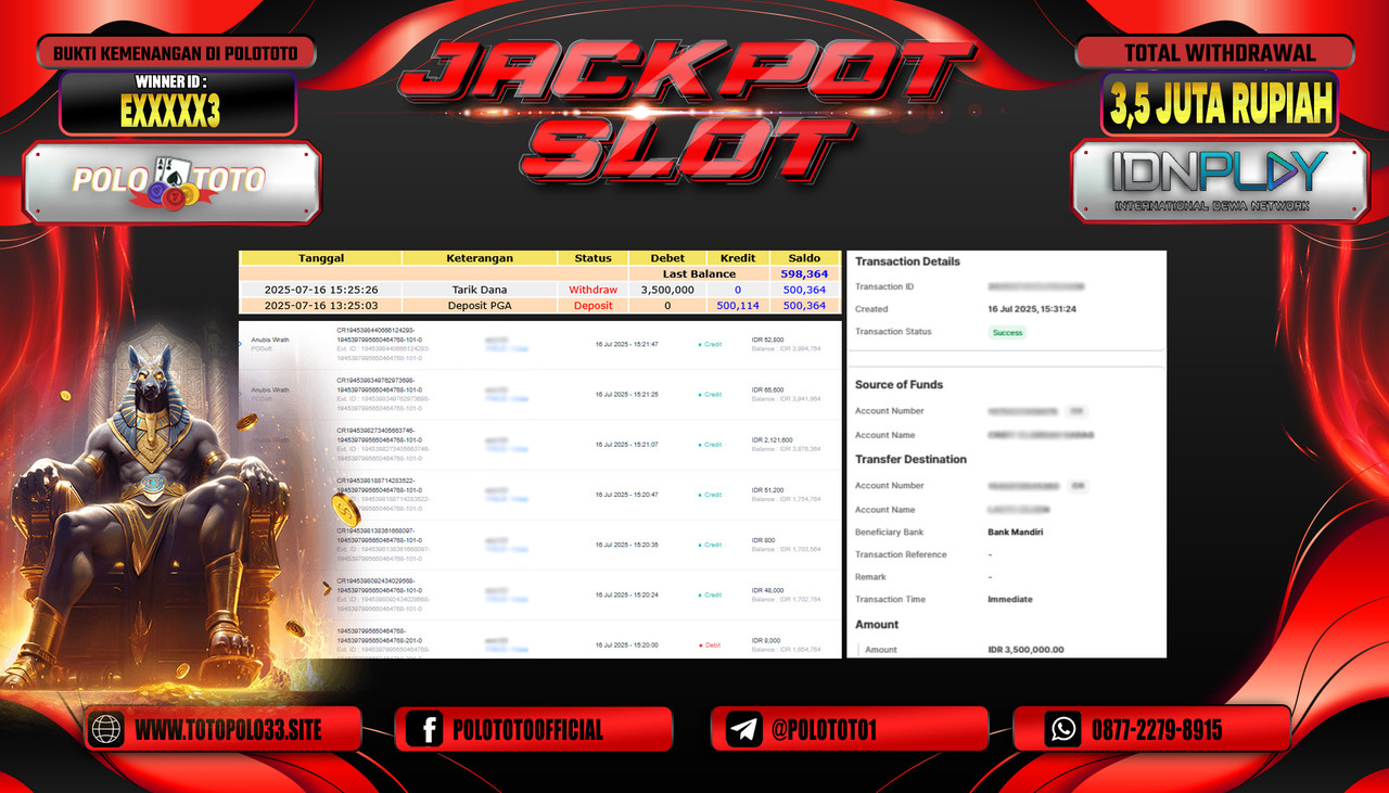 POLOTOTO JACKPOT SLOT ANUBIS WRATH Rp.3.500.000,- LUNAS