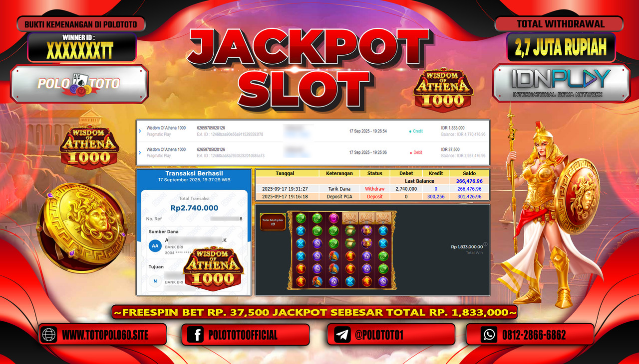 POLOTOTO JACKPOT SLOT WISDOM OF ATHENA 1000 Rp.2.700.000,- LUNAS