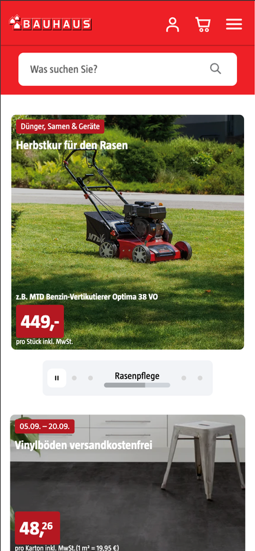 JavaScript Ansicht der Bauhaus-Website: Oben Suchleiste und Navigation, darunter Werbebanner für ‚Herbstkur für den Rasen‘ mit MTD Benzin-Vertikutierer Optima 38 VO für 449 €, darunter ein weiteres Angebot für Vinylböden (05.09.–20.09.) versandkostenfrei für 48,26 € pro Karton.