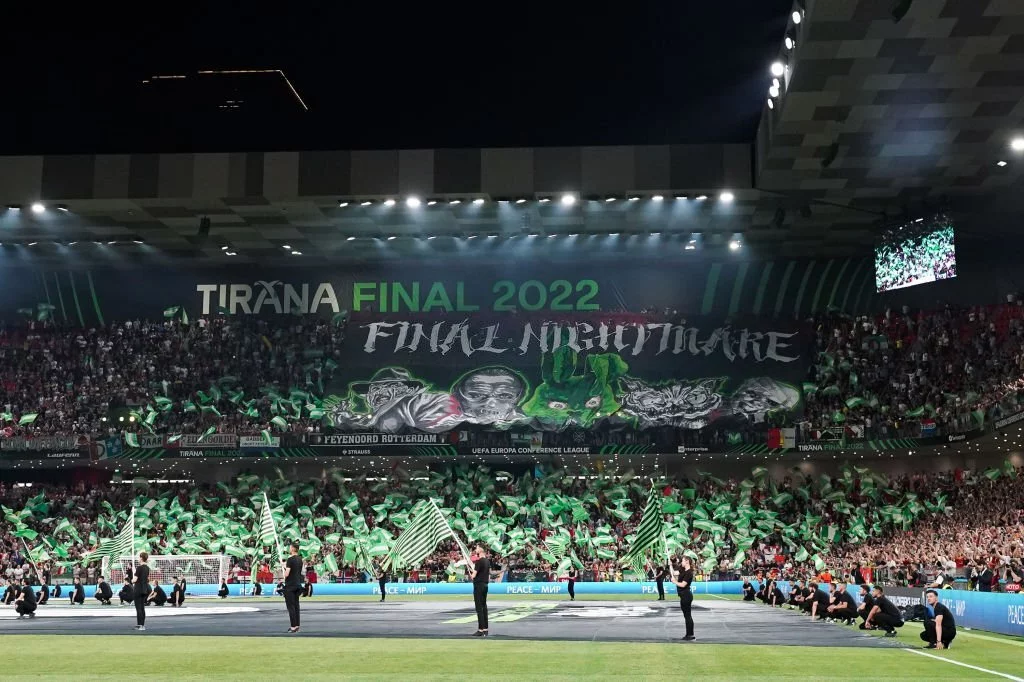 Supporters of Feyenoord Rotterdam during the UEFA Conference League Final match between AS Roma and Feyenoord at Arena Kombetare. Armand Duka led the FSHF during this period.