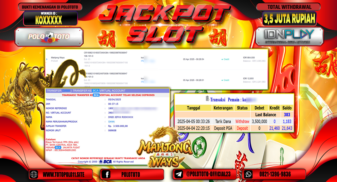 POLOTOTO JACKPOT SLOT MAHJONG WAYS  Rp.3.500.000,-