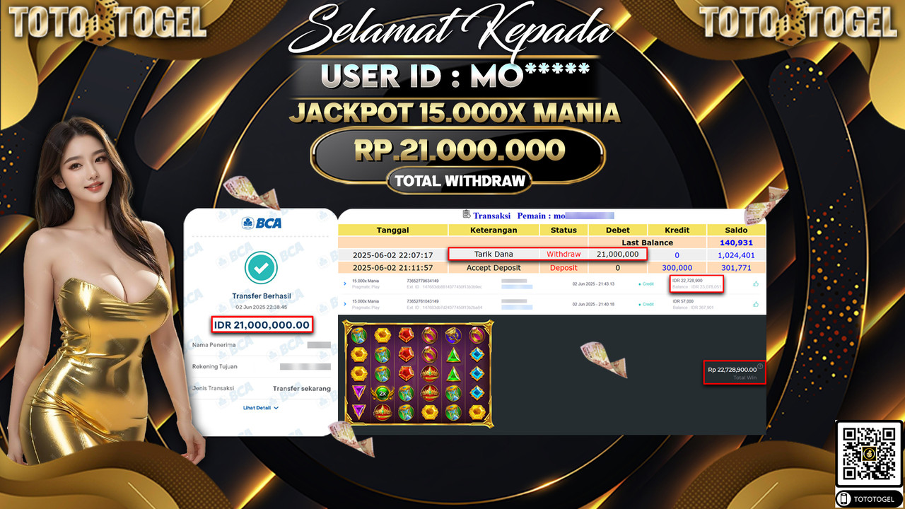 Bukti Pembayaran Jackpot Permainan Slot 15.000X Mania ID:MO***** LUNAS