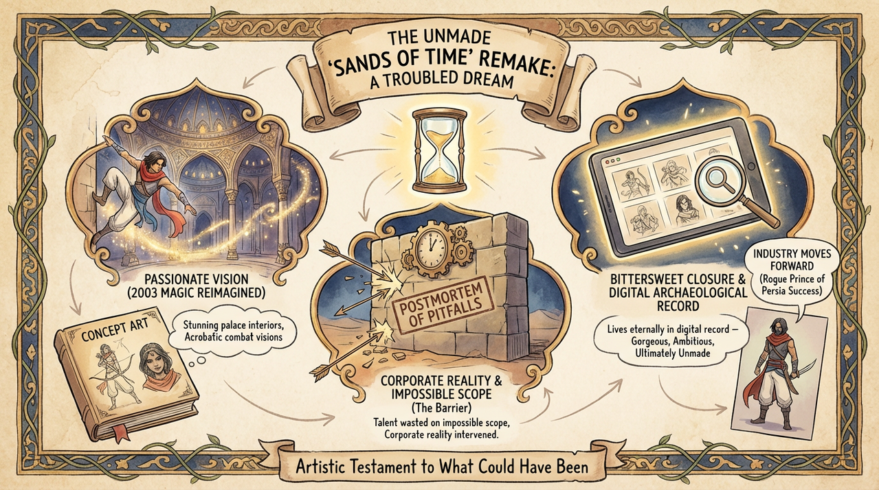 Game developers analyzing concept art on multiple screens