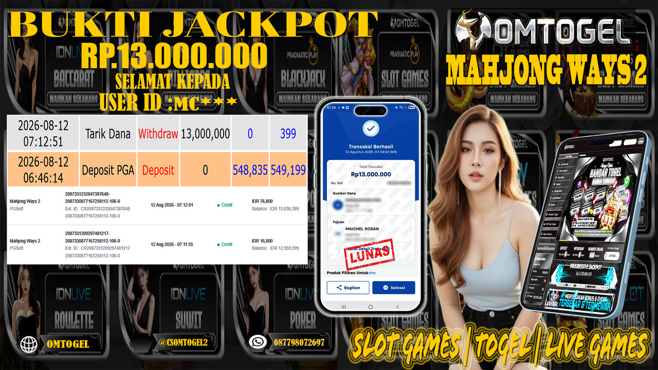 OMTOGEL JACKPOT PG SOFT MAHJONG WAYS 2  Rp,13,000,000,- DIBAYAR LUNAS
