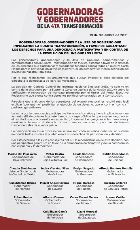 18 gobernadores de Morena reclaman al INE a través de un comunicado