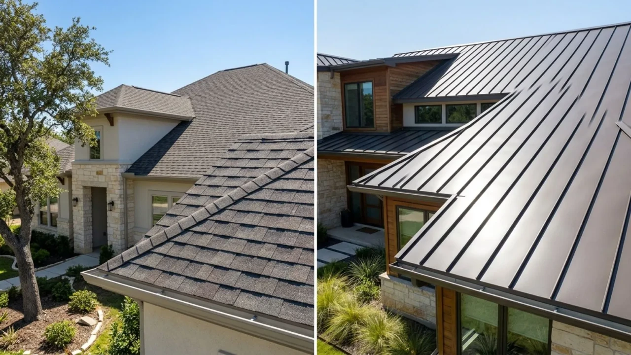 Roofing material samples for San Antonio homes including asphalt shingle and metal panel