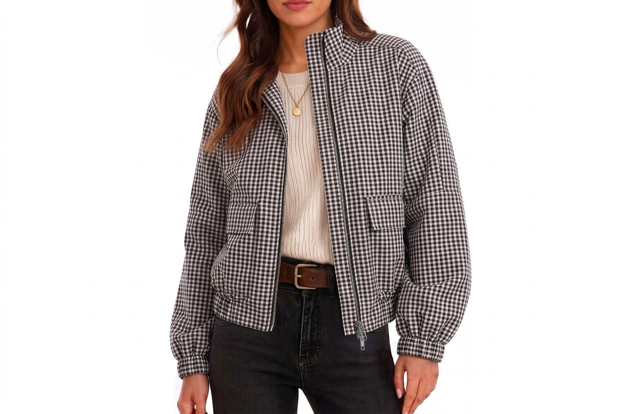 Women's cropped plaid gingham zip-up jacket with pockets