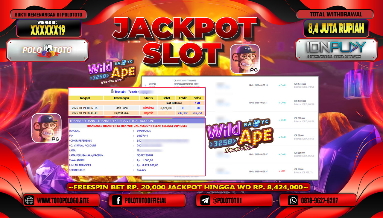 POLOTOTO JACKPOT SLOT WILD APE Rp.8.400.000,- LUNAS