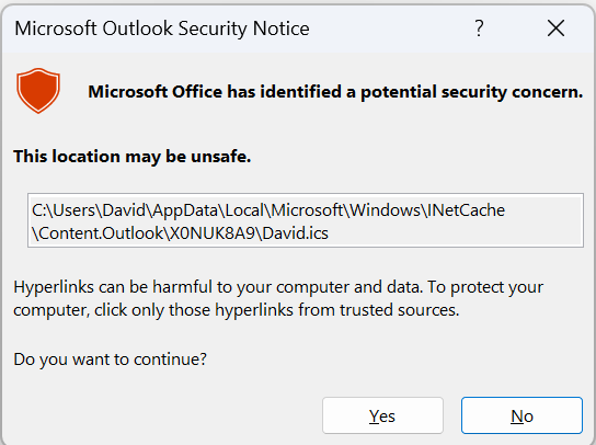 Outlook ics security notice