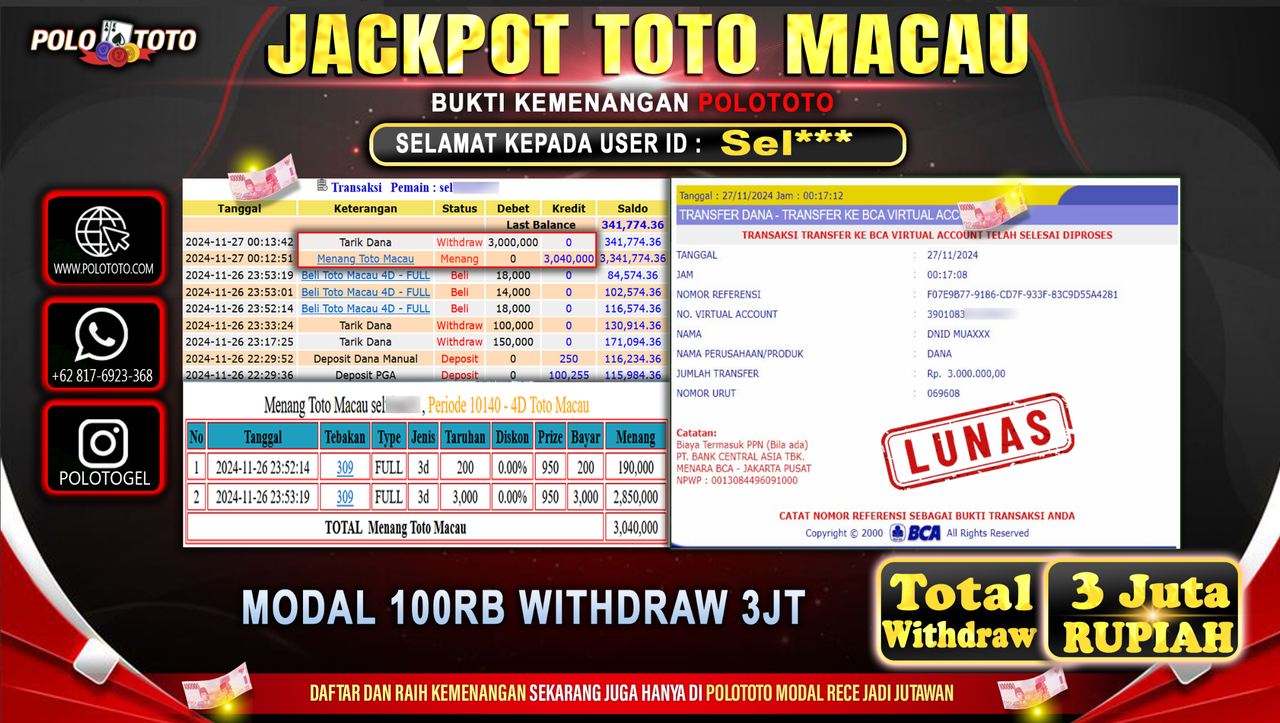 POLOTOTO JACKPOT TOTO MACAU Rp.3.000.000,-