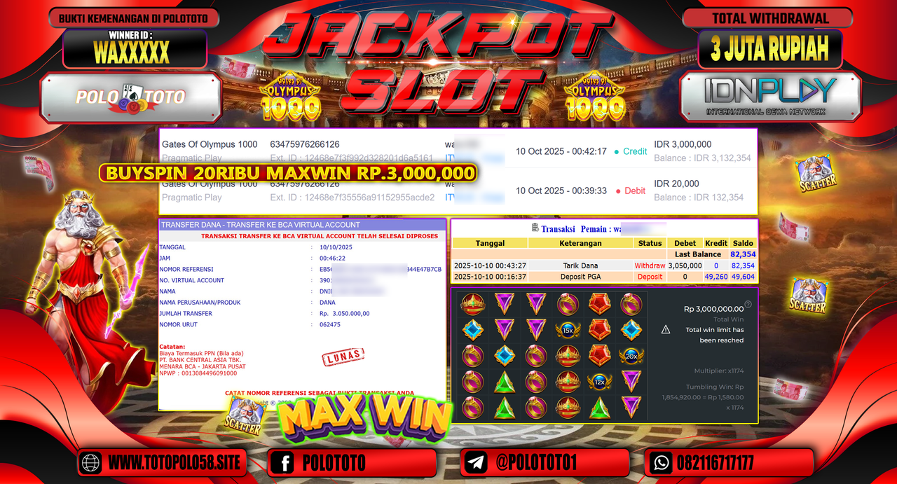 POLOTOTO JACKPOT SLOT GATES OF OLYMPUS 1000 Rp.3.000.000,- LUNAS