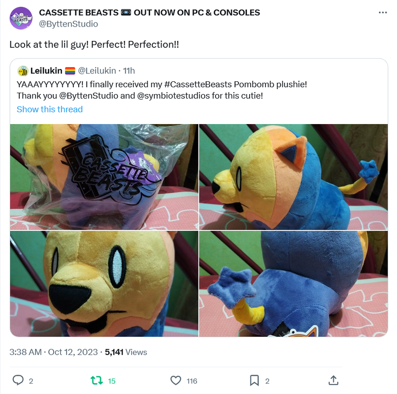 Screenshot of ByttenStudio's retweet of Leilukin's Cassette Beasts Pombomb plushie