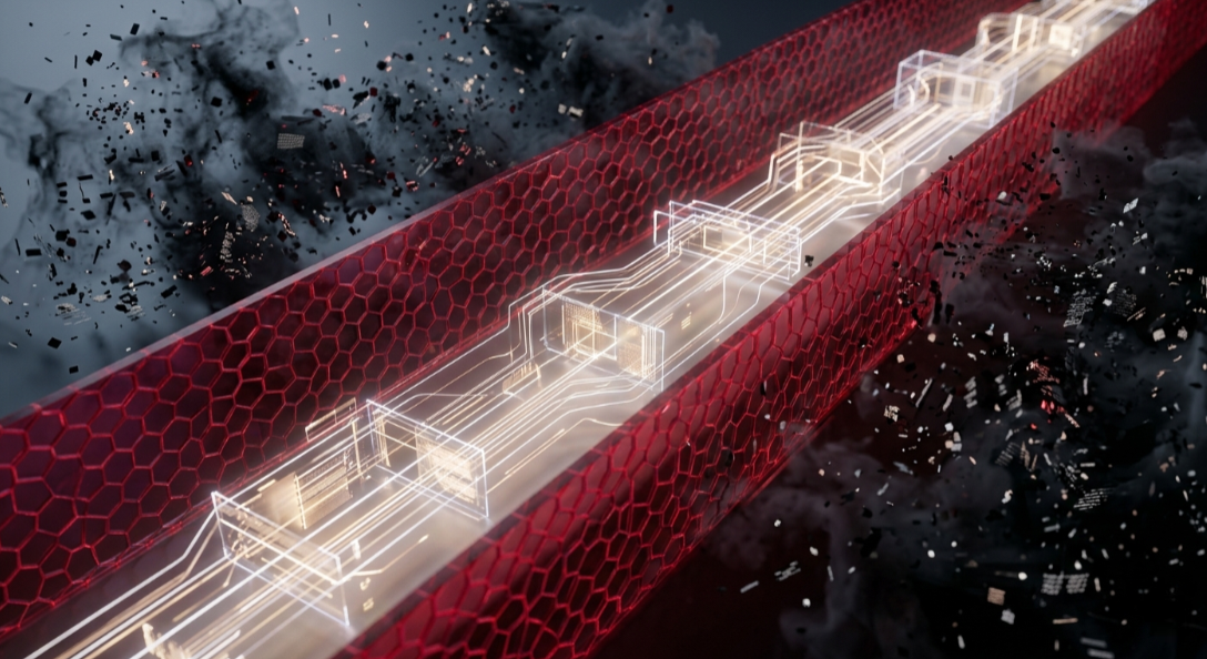 Hình ảnh minh họa khái niệm AI Guardrails - rào chắn an toàn giúp kiểm soát nội dung và bảo mật hệ thống trí tuệ nhân tạo trên tông nền đỏ đô chủ đạo.