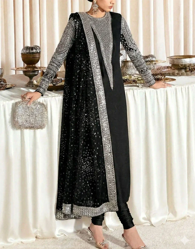Black Hand-Embellished Raw Silk Wedding Dress – Unstitched Luxury Party & Wedding Outfit with Glittering Dupatta
