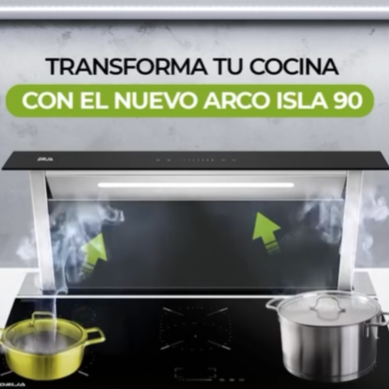 Extractor de grasa tipo isla Drija Arco Isla 90, en acero inoxidable y vidrio frontal negro.