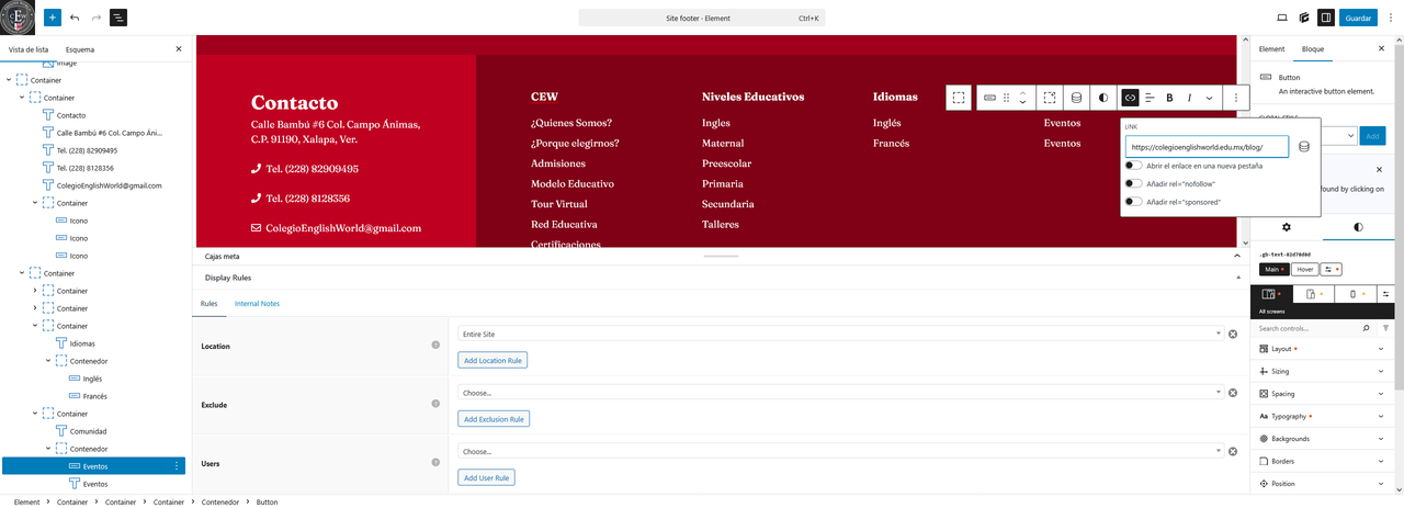 Screenshot 2026 05 19 at 16 20 49 Edit Element Site footer Colegio English World Word Press