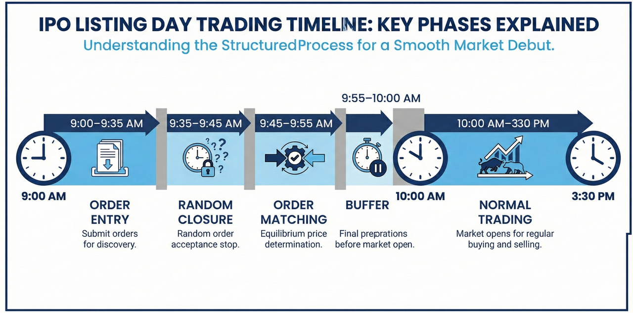 Illustration showing an IPO stock entering the market with a clock highlighting pre-open session