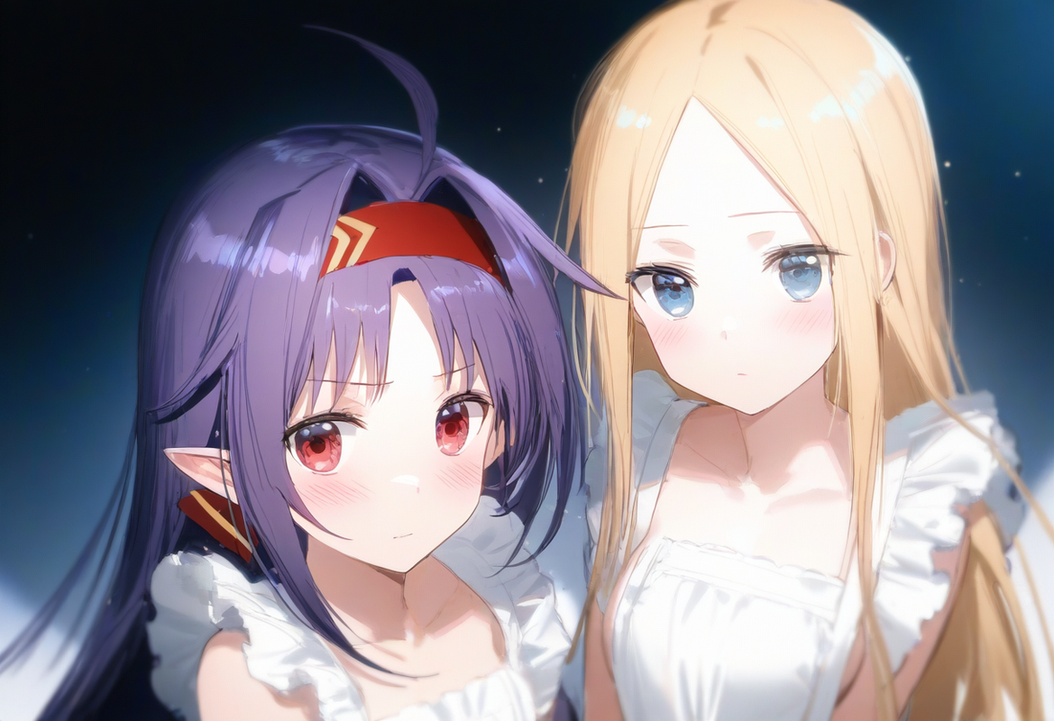 2girl, {{yuuki, sao}}, purple hair, red eyes, naked apron, {{abigail williams, f s-4054930021