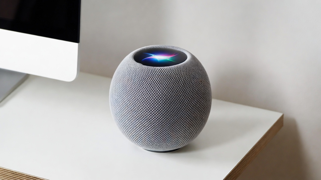 Apple HomePod 2026 in a minimalist home office with Siri wave animation