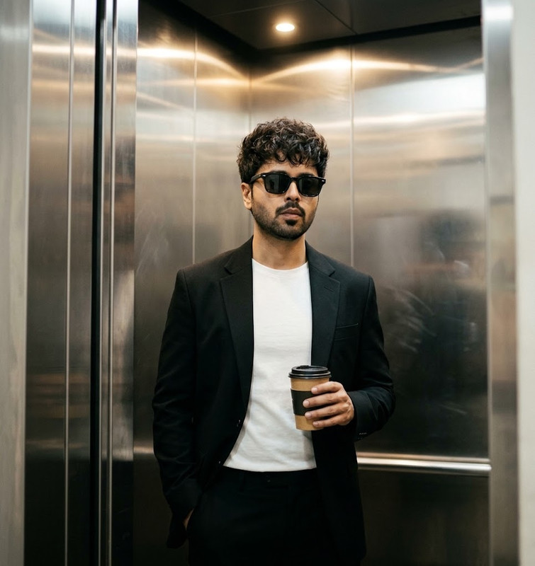 AI-generated example result for the creative-images prompt: Modern Elevator Reflection Candid Prompt by Prompt Craft