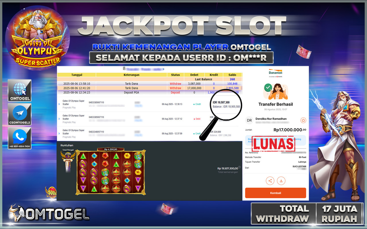 OMTOGEL JACKPOT PRAGMATIC PLAY GATES OF OLYMPUS SUPER SCATTER 17 JUTA DI BAYAR LUNAS ,-