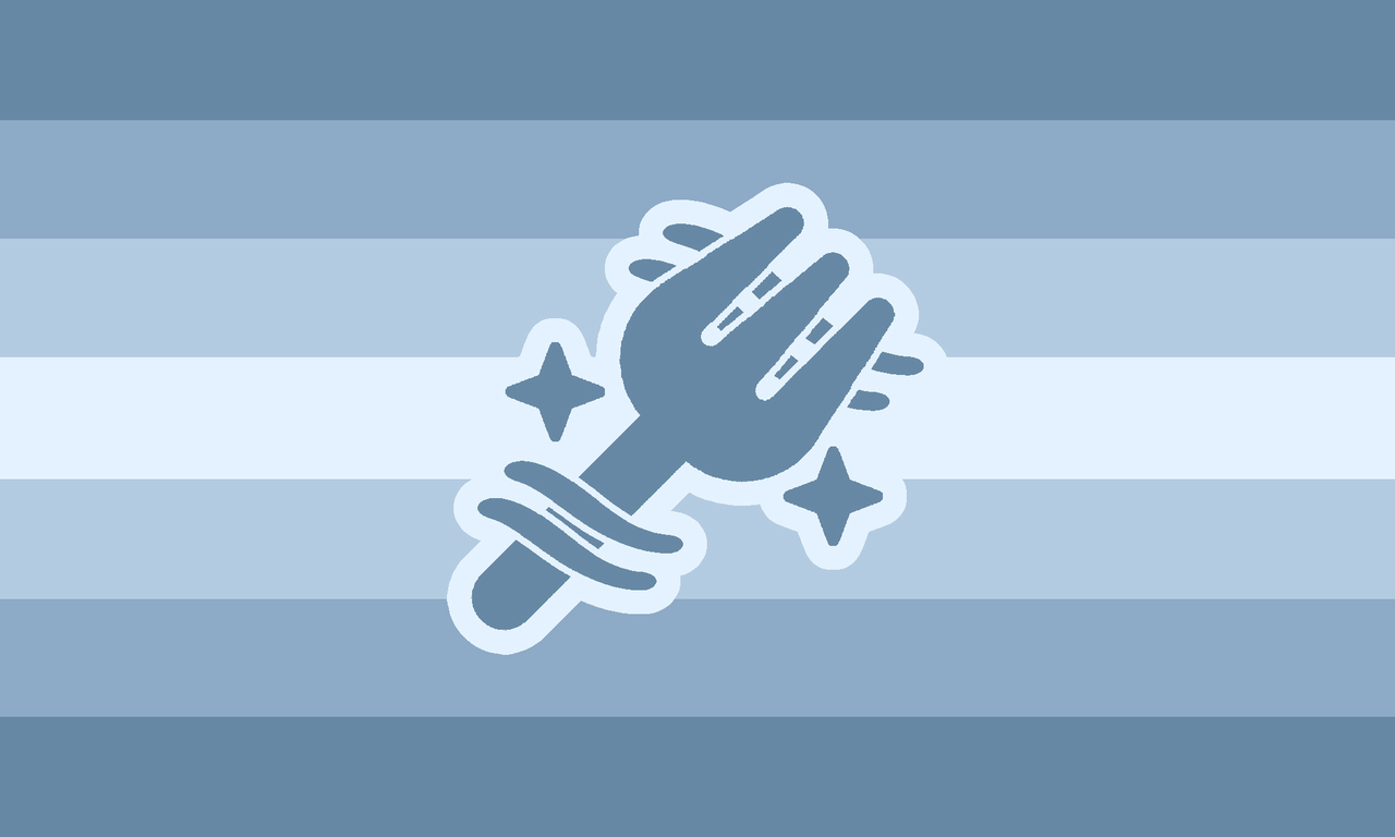 a flag with seven horizontal stripes. the colors, from the middle stripe outwards, form a gradient from pastel blue to desaturated blue. in the middle of the flag is a stylized, simplistic drawing of a fork, pointed diagonally towards the top right, with sparkles on either side of it. it also has wavy lines going diagonally from the upper left to lower right in front of the handle and behind the prongs. the drawing is outlined in pastel blue.