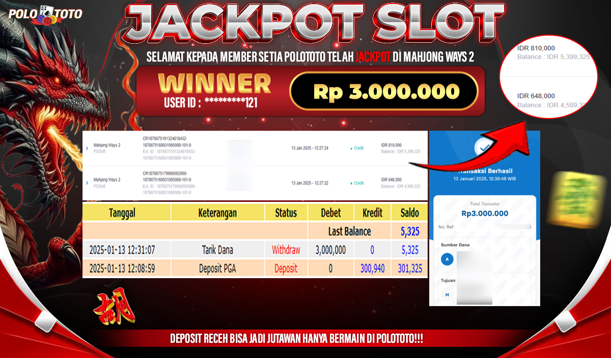 POLOTOTO JACKPOT SLOT MAHJONG WAYS 2 Rp.3,000.000,-