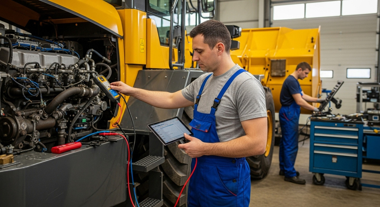 Диагностика погрузчика в сервисном центре при плановом техническом обслуживании, значимость регулярного ТО