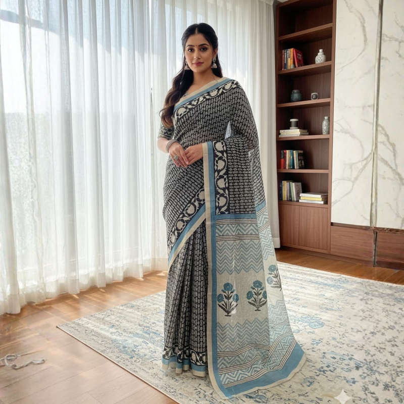 Handblock Printed Kota Doriya Saree | Sheer, Lightweight & Gracefully Textured Design - 11