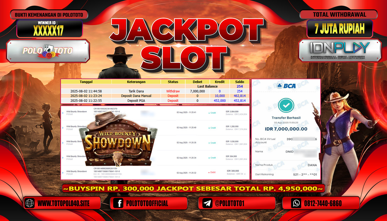 POLOTOTO JACKPOT SLOT WILD BOUNTY SHOWDOWN Rp.7.000.000,-LUNA