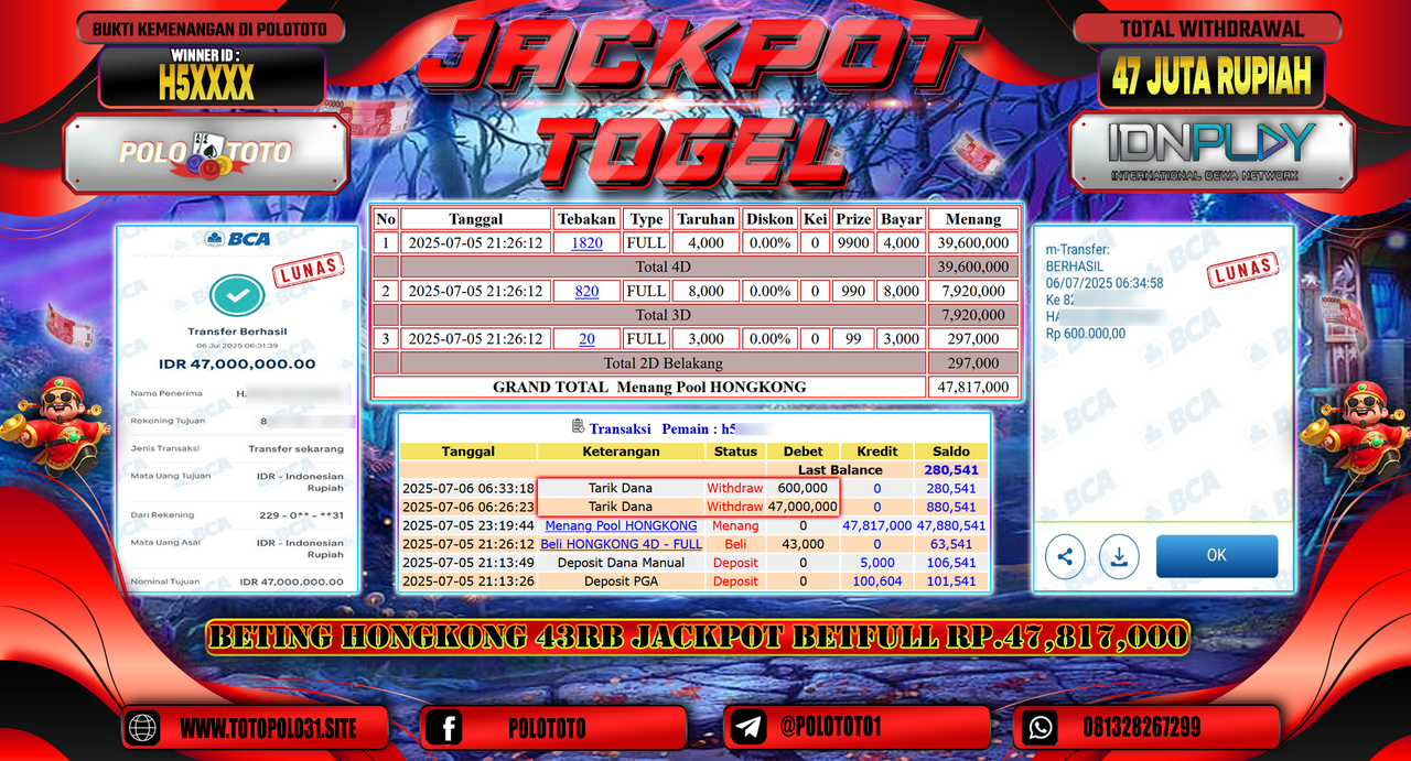 POLOTOTO JACKPOT TOGEL HONGKONG LOTTO Rp.47.600.000,-