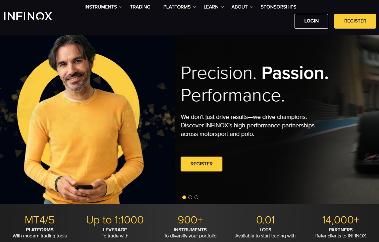  Infinox main page showing MT4 MT5 trading platforms and leverage benefits.