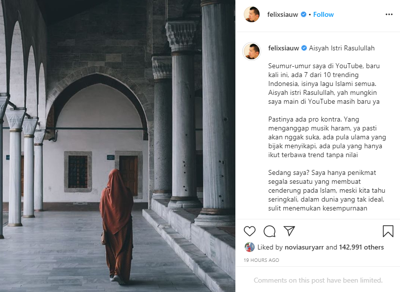 Unggahan instagram terkait pendapatnya soal lagu