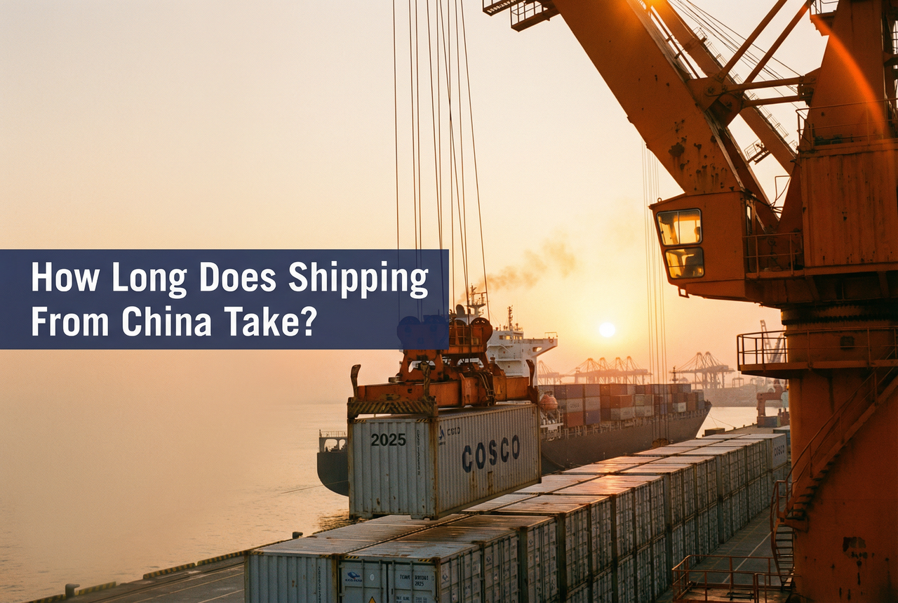 COSCO shipping container being lifted by massive orange gantry crane at Chinese port for sea freight export