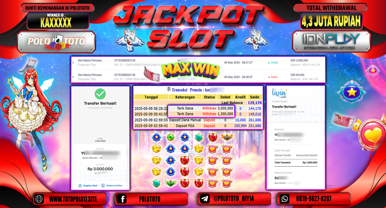 POLOTOTO JACKPOT SLOT MANIA PRINCESS Rp.4.300.000,-