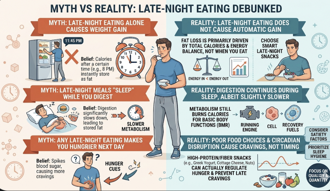 Myth vs reality infographic about late night eating, showing late night eating myths debunked and does meal timing affect fat loss