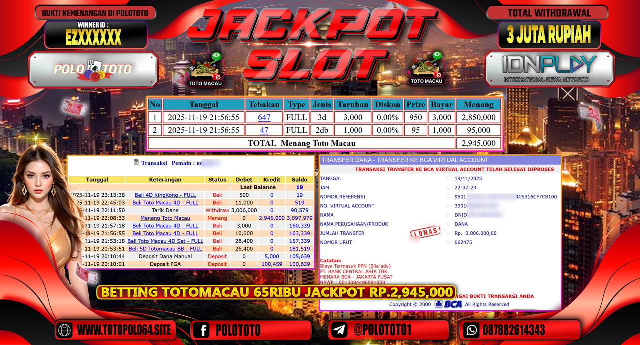 POLOTOTO JACKPOT TOGEL MENANG TOTO MACAU Rp.3.000.000,- LUNAS