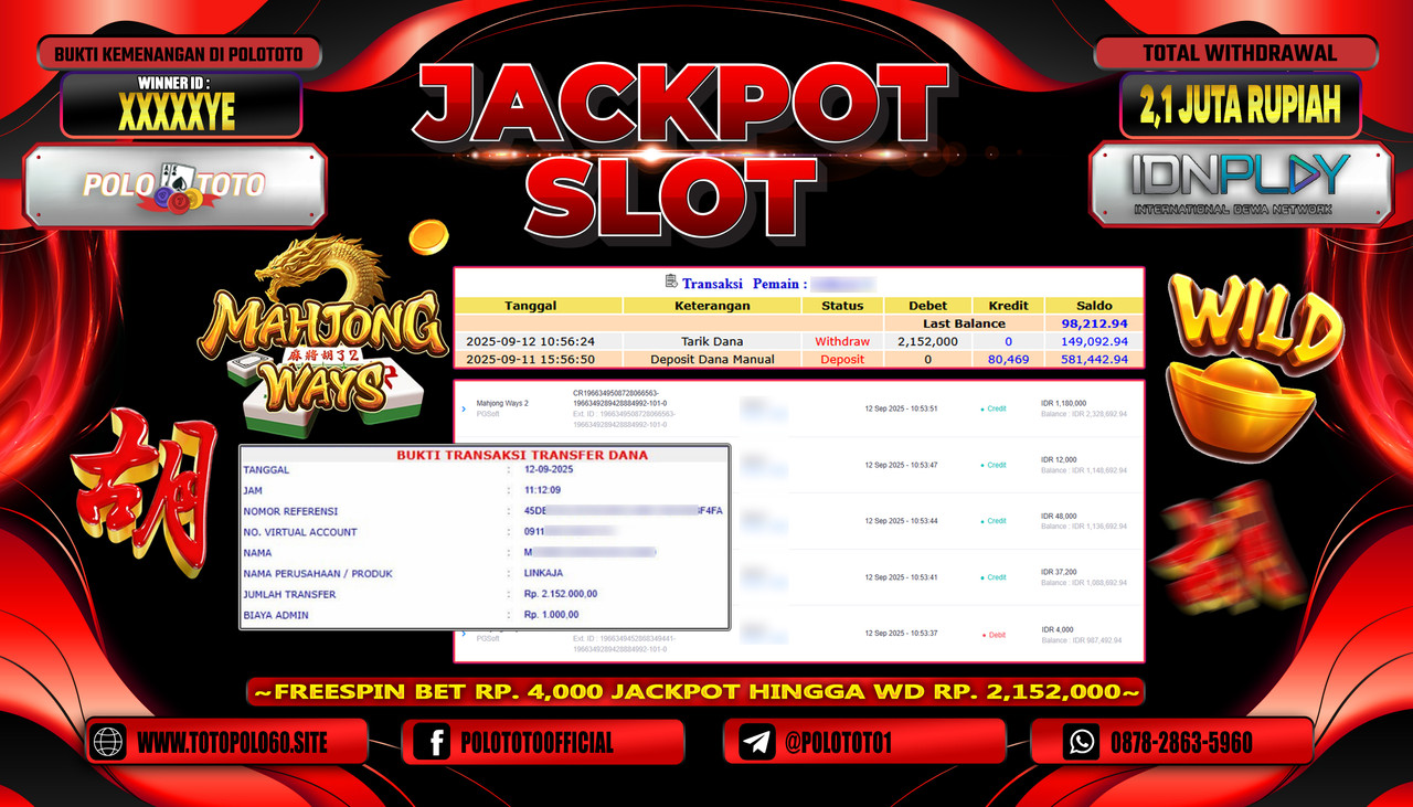 POLOTOTO JACKPOT SLOT MAHJONG WAYS 2 Rp.2.100.000,-LUNAS