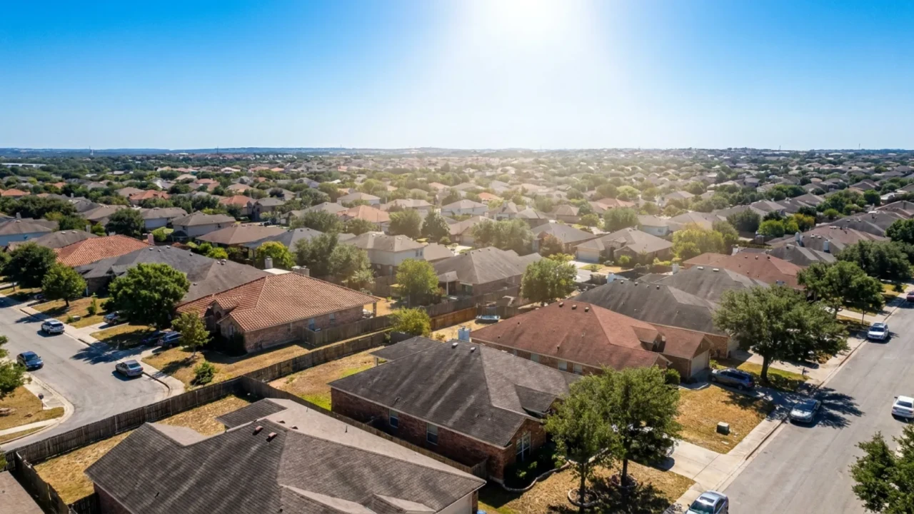San Antonio residential rooftops under intense summer sun