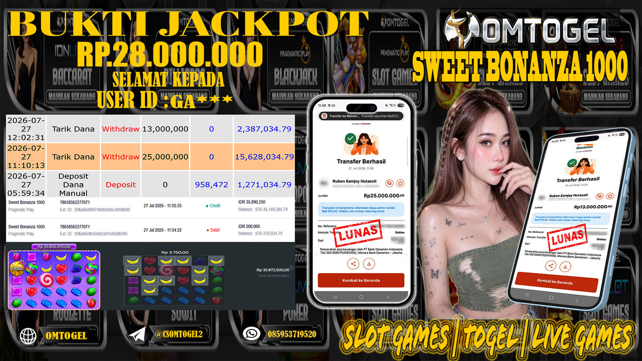 OMTOGEL JACKPOT PRAGMATICPLAY SWEET BONANZA 1000   Rp,28,000,000,- DIBAYAR LUNAS