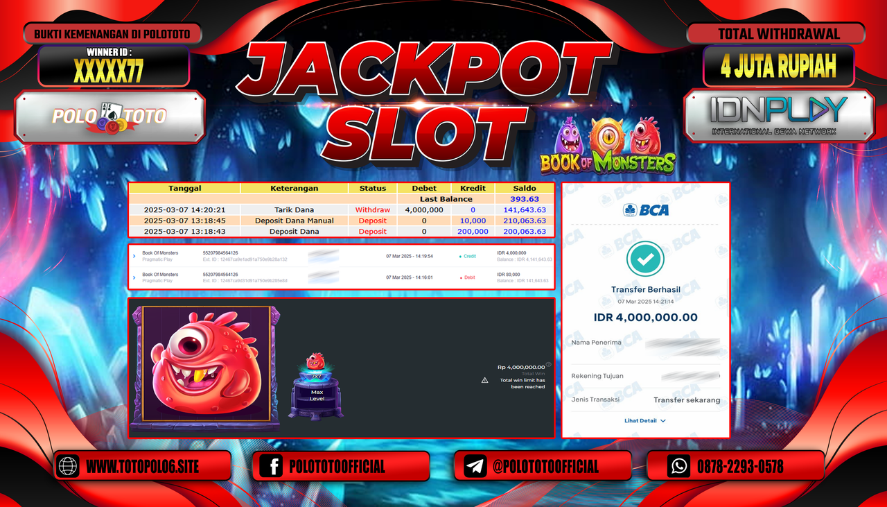 POLOTOTO JACKPOT SLOT BOOK OF MONSTERS Rp.4.000.000,-