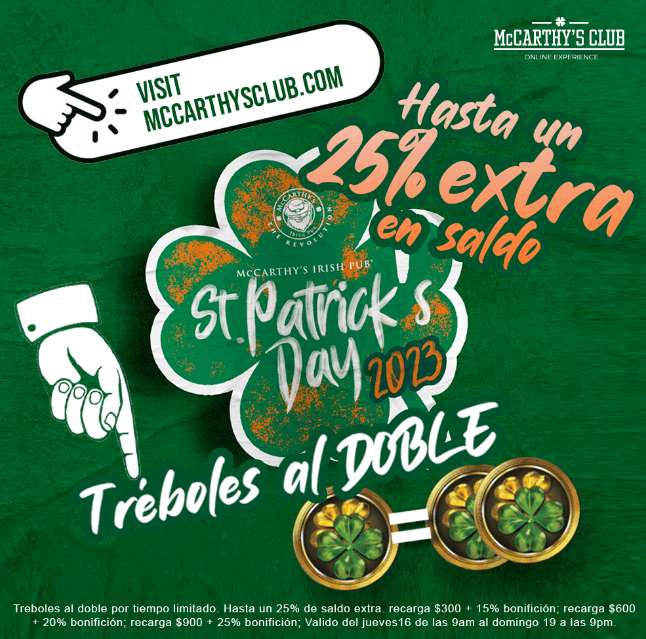 Restaurante-McCarthy's St. Patrick's Day-Regalo de vasoa, regargas con un porcentaje mas y otras cosas 
