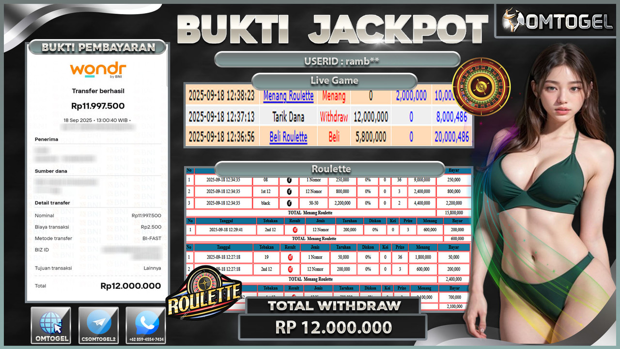 OMTOGEL JACKPOT LIVE GAMES ROULETTE 12 JUTA DI BAYAR LUNAS ,-
