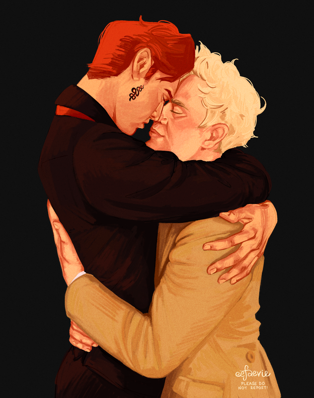 an illustration of Aziraphale and Crowley from Good Omens by eefaevie. They are hugging each other tightly, resting their foreheads together.