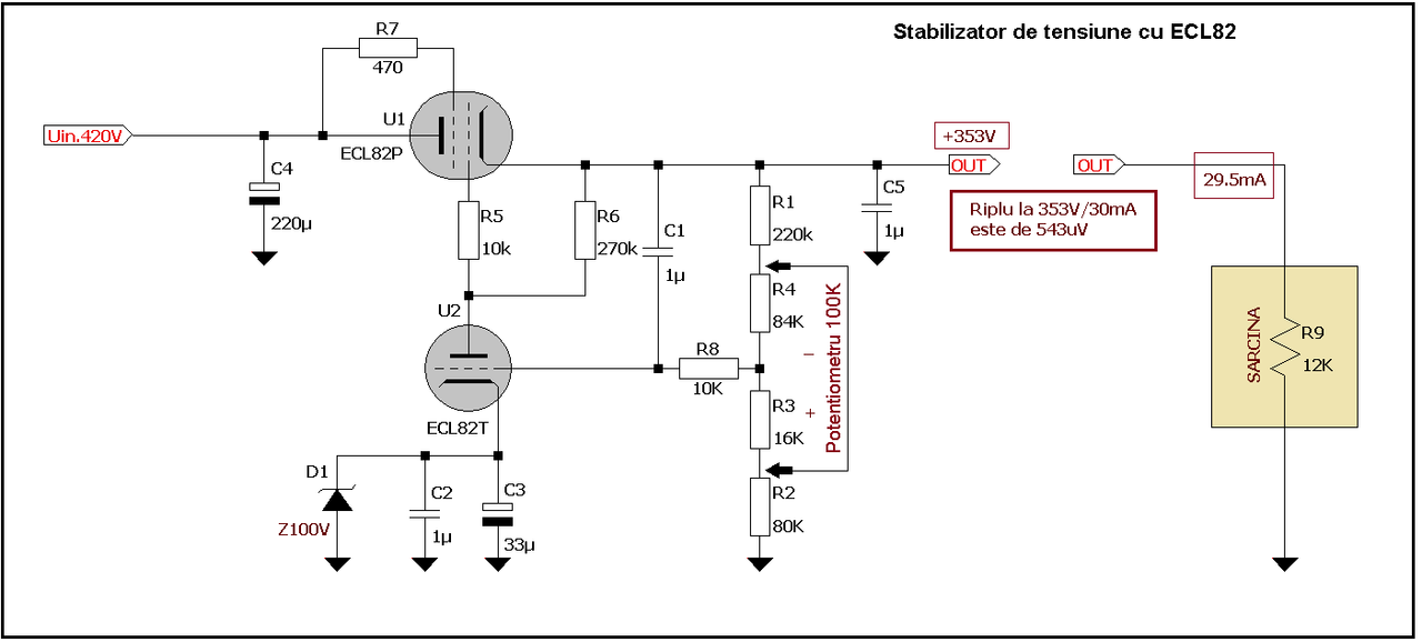 SATBILIZATOR DE TENSIUNE CU ECL82 LA 350V