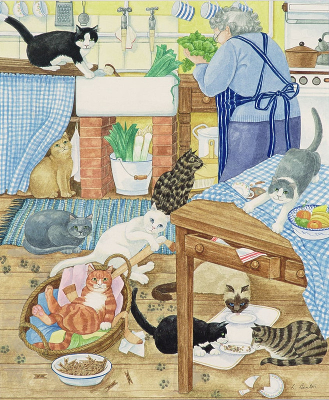 1-Linda-Benton-Grandma-and-10-cats-in-the-kitchen-wc-on-paper-Meister-Drucke-593508